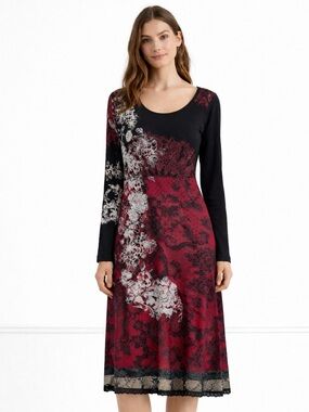 DESIGUAL Lanoria Red Black Floral Stretch Jersey Dress Long Sleeve Scoop Neck XL